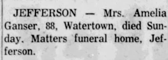 Obituary for Amelia Ganser (Aged 88)